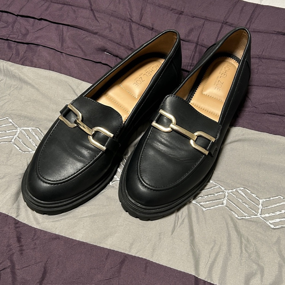 Rachel Zoe Black Leather Loafers with Gold Hardware, 9